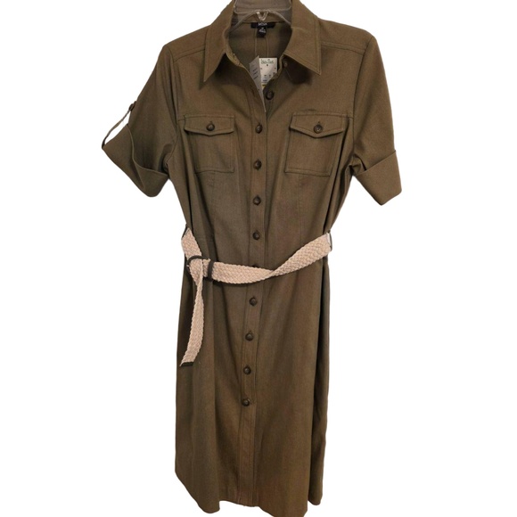 NWT MSK Green Brown Short Sleeve Dress Button Tab Sleeve Utility Size 10‎ - Picture 1 of 13